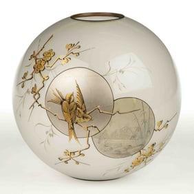 DECORATED CHINOISERIE-STYLE  GLASS KEROSENE LAMP SHADE