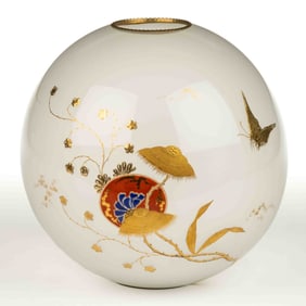 DECORATED CHINOISERIE-STYLE  GLASS KEROSENE LAMP SHADE