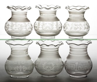 ASSORTED FREE-BLOWN ETCHED OREGON LAMP SHADES, LOT OF SIX