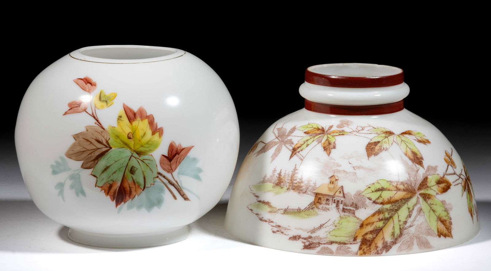 ASSORTED FOLIAGE DECORATED KEROSENE LAMP SHADES, LOT OF TWO (1 of 1)