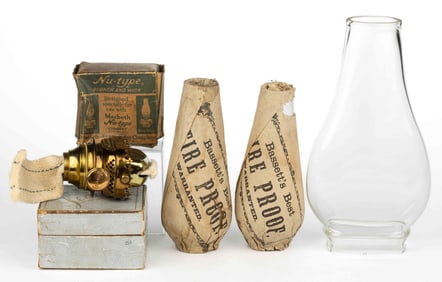 ASSORTED KEROSENE LAMP BURNERS AND CHIMNEYS, LOT OF FIVE