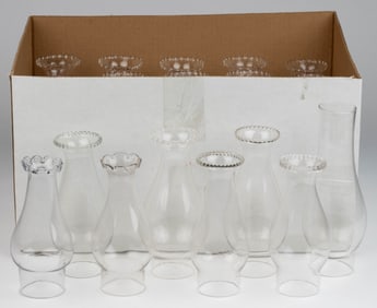 ASSORTED NO. 0 GLASS KEROSENE LAMP SLIP CHIMNEYS, LOT OF 28