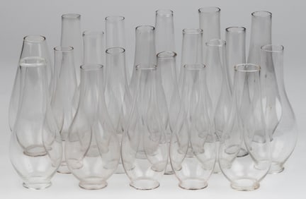 ASSORTED NO. 0 EARLY PERIOD GLASS KEROSENE LAMP LIP CHIMNEYS, LOT OF 20