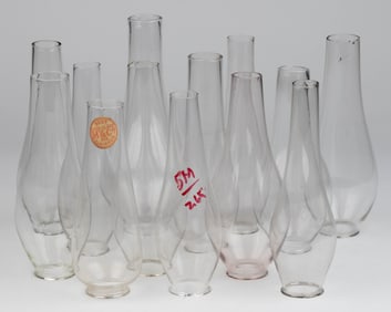 ASSORTED NO. 1 EARLY PERIOD GLASS KEROSENE LAMP LIP CHIMNEYS, LOT OF 13