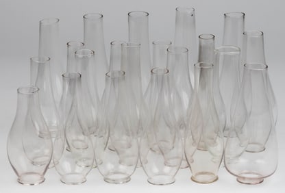 ASSORTED NO. 0 EARLY PERIOD GLASS KEROSENE LAMP LIP CHIMNEYS, LOT OF 20