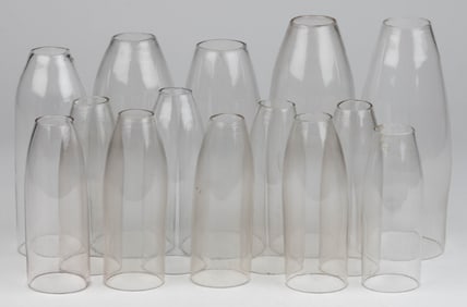 ASSORTED BARREL / BULLET KEROSENE LAMP SLIP CHIMNEYS, LOT OF 14