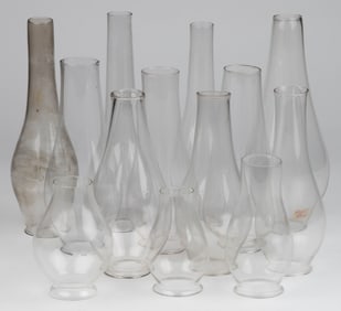 ASSORTED NO. 2 EARLY PERIOD GLASS KEROSENE LAMP LIP CHIMNEYS, LOT OF 13