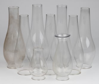 ASSORTED NO. 1 AND NO. 2  LATE PERIOD GLASS KEROSENE LAMP LIP CHIMNEYS, LOT OF NINE