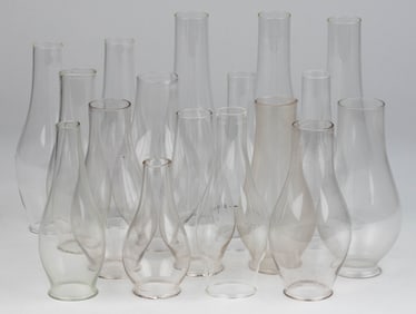 ASSORTED NO. 1 EARLY PERIOD GLASS KEROSENE LAMP LIP CHIMNEYS, LOT OF 17