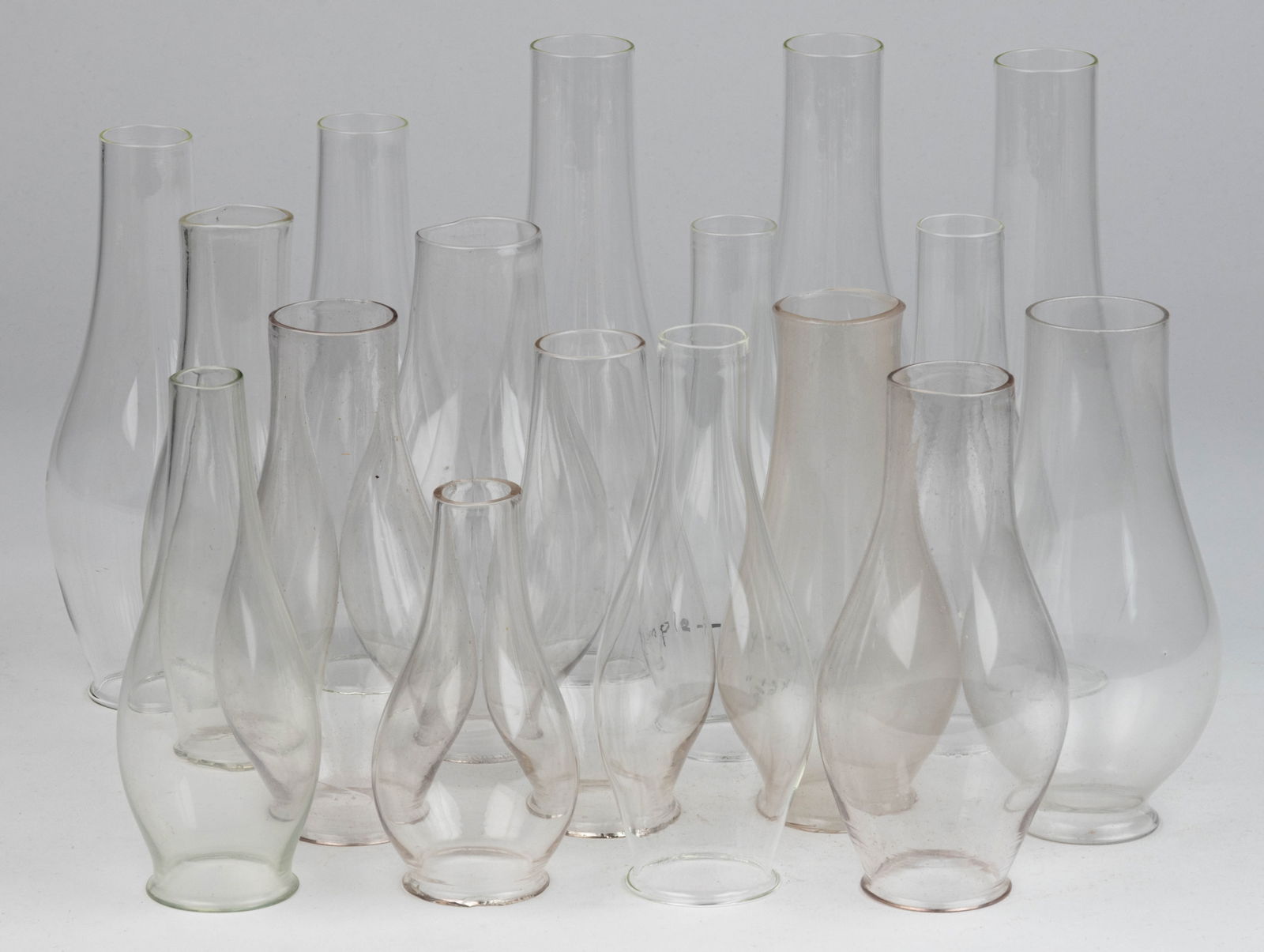 ASSORTED NO. 1 EARLY PERIOD GLASS KEROSENE LAMP LIP CHIMNEYS, LOT OF 17 (1 of 1)