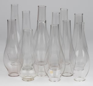 ASSORTED NO. 1 EARLY PERIOD GLASS KEROSENE LAMP LIP CHIMNEYS, LOT OF 12