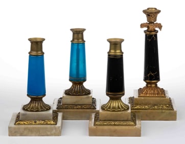 ASSORTED GLASS PILLAR / STEM AND MARBLE KEROSENE LAMP BASES, LOT OF FOUR