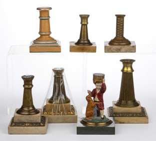 ASSORTED METAL AND CERAMIC KEROSENE LAMP BASES, LOT OF SEVEN