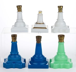 ASSORTED PRESSED GLASS KEROSENE MULTI-STEP LAMP BASES, LOT OF SIX