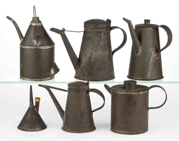 ASSORTED SHEET-IRON LAMP FILLERS, LOT OF SIX