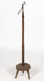 WROUGHT-IRON AND WOOD FLOOR RUSHLIGHT HOLDER