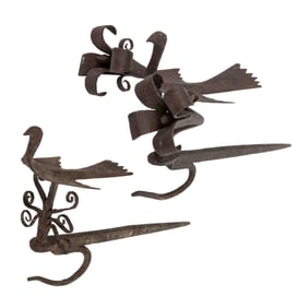 ASSORTED WROUGHT-IRON FIGURAL BIRD HANGING / BETTY LAMP HOOKS, LOT OF TWO