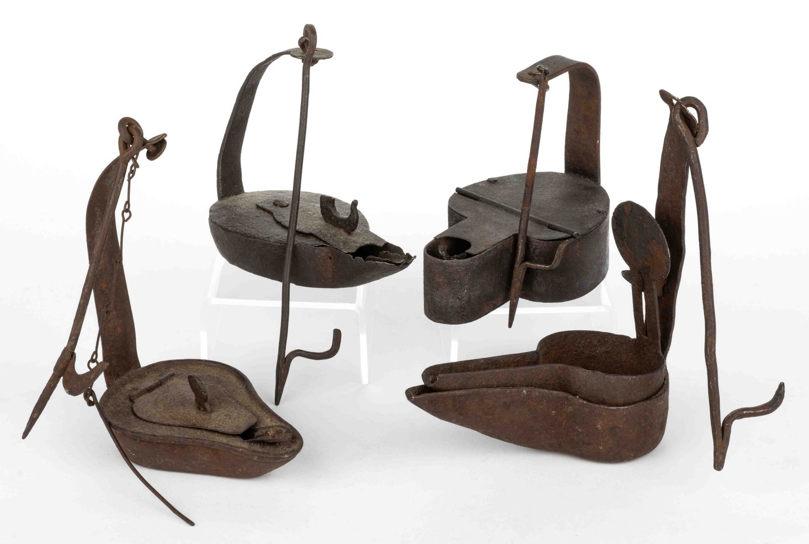 ASSORTED WROUGHT AND SHEET IRON BETTY AND CRUSIE LAMPS, LOT OF FOUR (1 of 1)