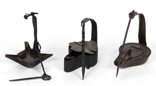 ASSORTED WROUGHT-IRON HANGING FAT / OIL LAMPS, LOT OF THREE