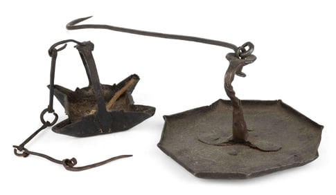 ASSORTED WROUGHT-IRON GREASE / FAT PAN LAMPS, LOT OF TWO