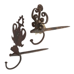 ASSORTED WROUGHT-IRON FIGURAL HANGING / BETTY LAMP HOOKS, LOT OF TWO