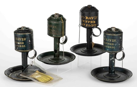 SAMUEL DAVIS PAINT-DECORATED SHEET-IRON LARD OIL LAMP ON STAND, LOT OF FOUR