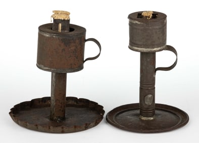 ASSORTED SHEET-IRON GREASE / LARD / OIL FOOTED FINGER LAMPS, LOT OF TWO