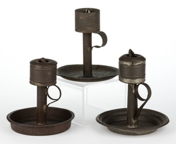 ASSORTED SHEET-IRON GREASE/ LARD / OIL FOOTED FINGER LAMPS, LOT OF THREE