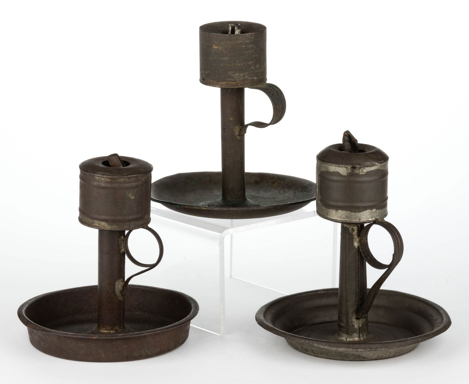 ASSORTED SHEET-IRON GREASE/ LARD / OIL FOOTED FINGER LAMPS, LOT OF THREE (1 of 1)