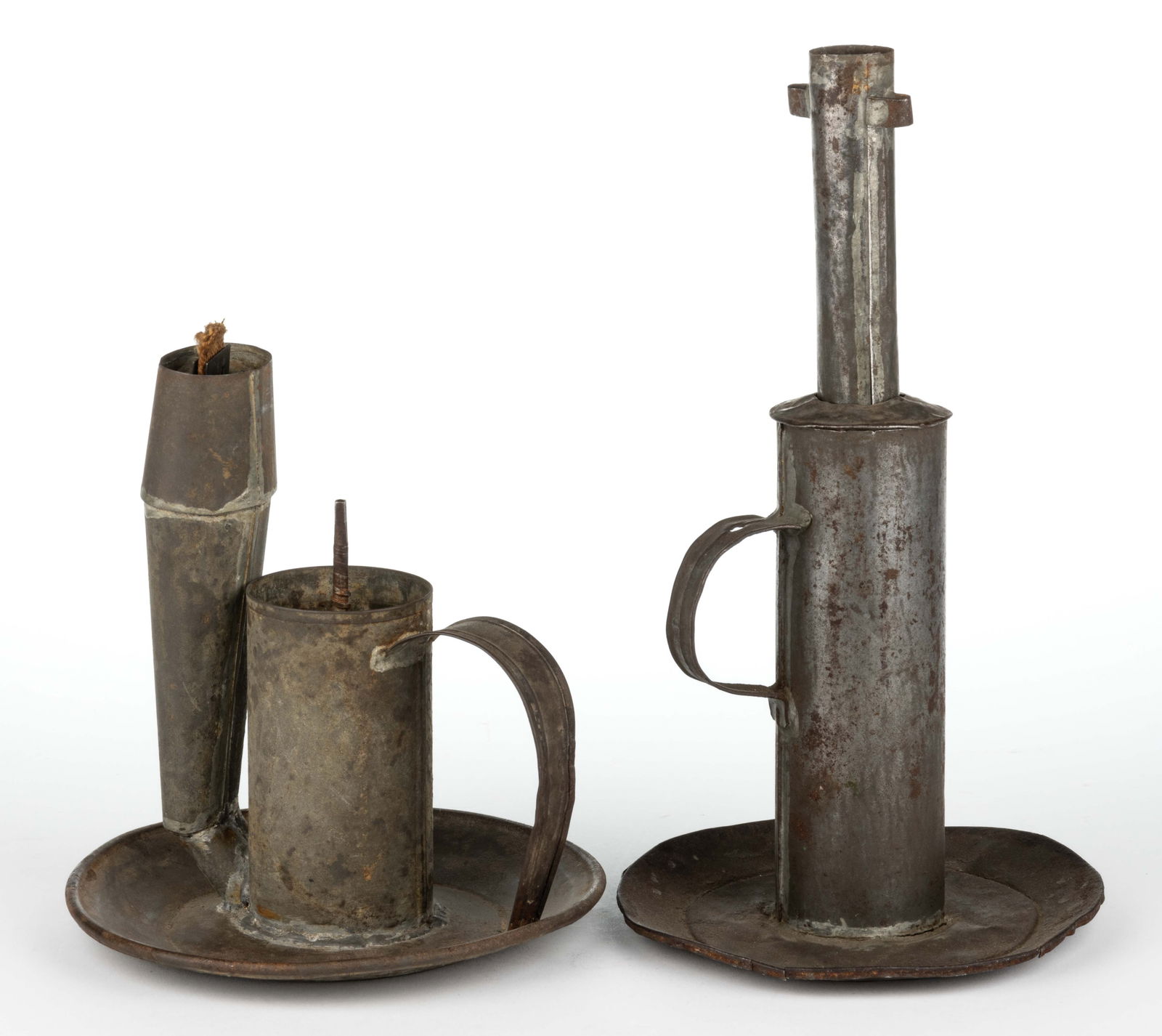 ASSORTED SHEET-IRON MECHANICAL PRESS LARD / GREASE LAMPS, LOT OF TWO (1 of 1)