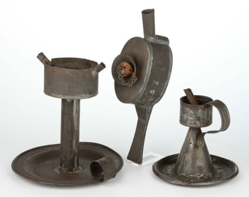 ASSORTED SHEET-IRON GREASE / FAT / LARD LAMPS, LOT OF THREE