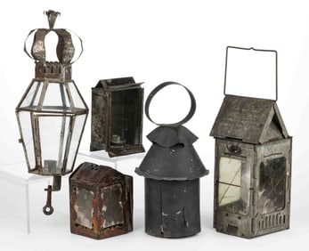 ASSORTED SHEET-IRON CANDLE LANTERNS, LOT OF FIVE