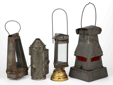 ASSORTED SHEET-IRON KEROSENE LANTERNS, LOT OF FOUR