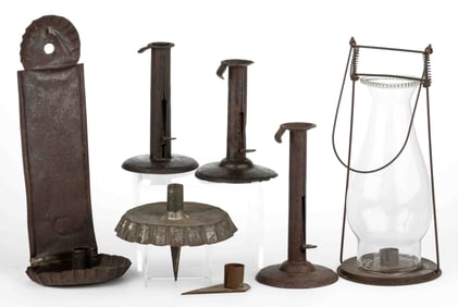 ASSORTED SHEET-IRON CANDLE LIGHTING ARTICLES, LOT OF SIX