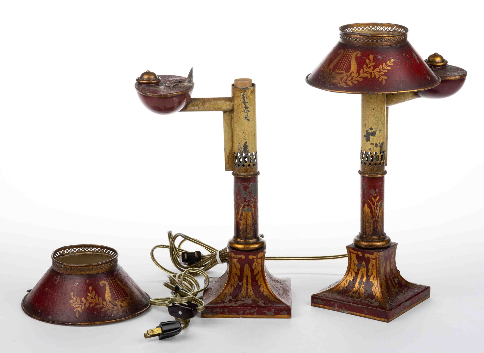 FRENCH SHEET-IRON / TIN TOLE DECORATED RUMFORD LAMPS, PAIR (1 of 1)