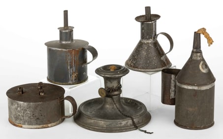 ASSORTED SHEET-IRON FAT / GREASE / FLUID HAND / FINGER LAMPS, LOT OF FIVE