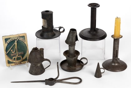 ASSORTED SHEET-IRON AND WROUGHT-IRON LIGHTING ARTICLES, LOT OF SEVEN