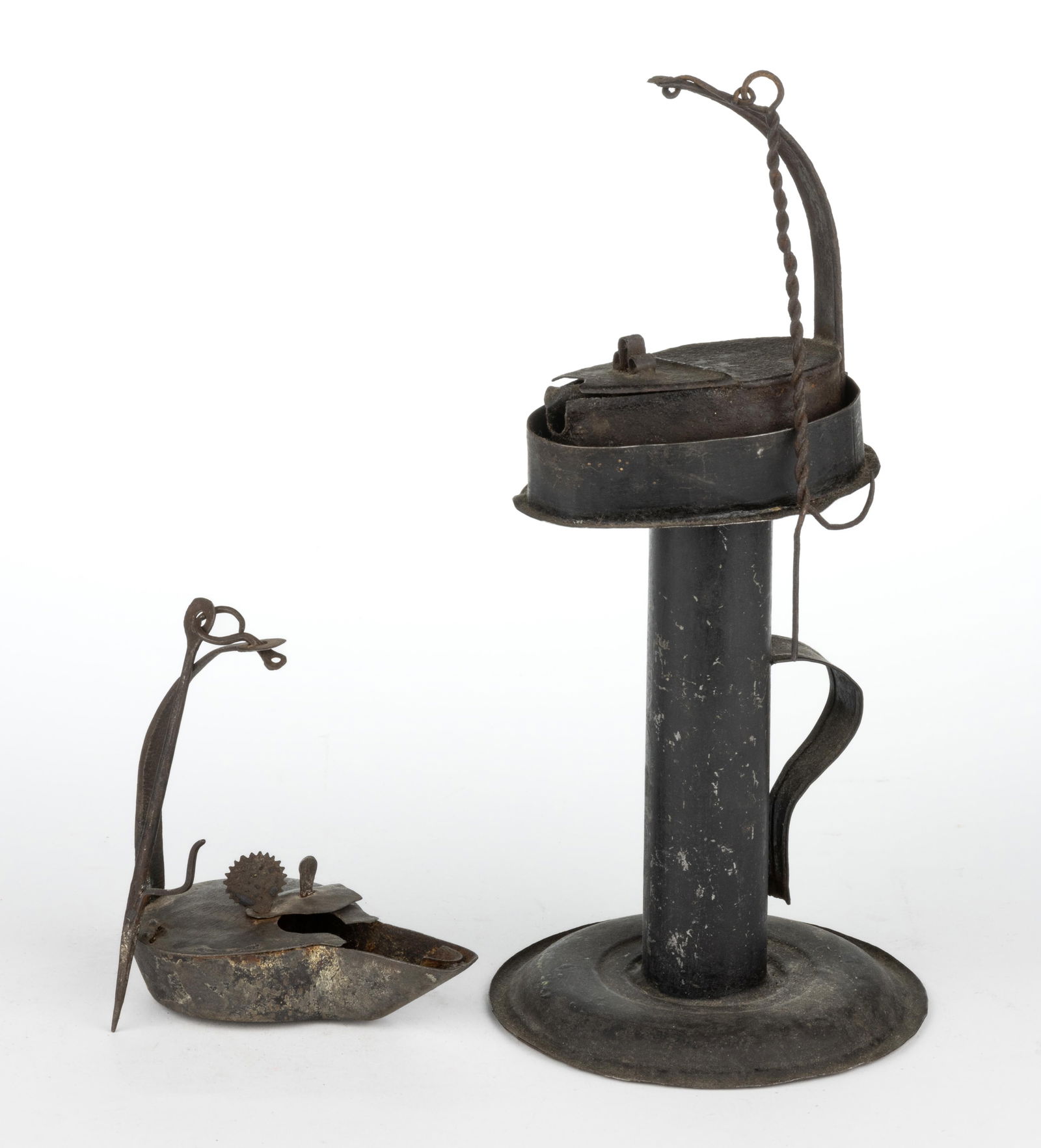 ASSORTED SHEET-IRON AND WROUGHT-IRON BETTY LAMPS, LOT OF TWO (1 of 1)