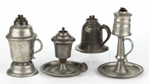 ASSORTED PEWTER WHALE OIL FINGER LAMPS, LOT OF FOUR