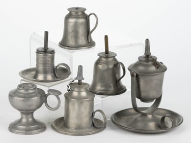 ASSORTED PEWTER DIMINUTIVE FINGER FLUID AND OTHER LAMPS, LOT OF SIX