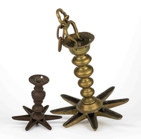 BRASS / BRONZE JEWISH SYNAGOGUE / SABBATH HANGING LAMP, LOT OF TWO