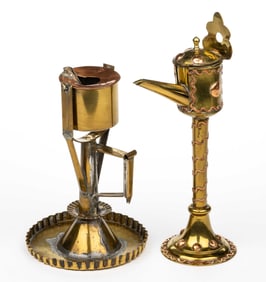 ASSORTED BRASS AND COPPER GREASE / OIL STAND LAMPS, LOT OF TWO