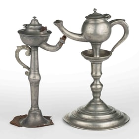 PEWTER SPOUT STAND / HAND LAMPS, LOT OF TWO