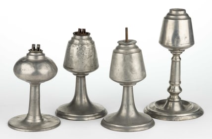 ASSORTED PEWTER FLUID AND WHALE OIL STAND LAMPS, LOT OF FOUR