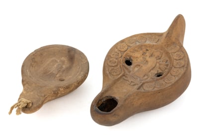 ASSORTED TERRA COTTA ANCIENT ROMAN / EGYPTIAN OIL LAMPS, LOT OF TWO