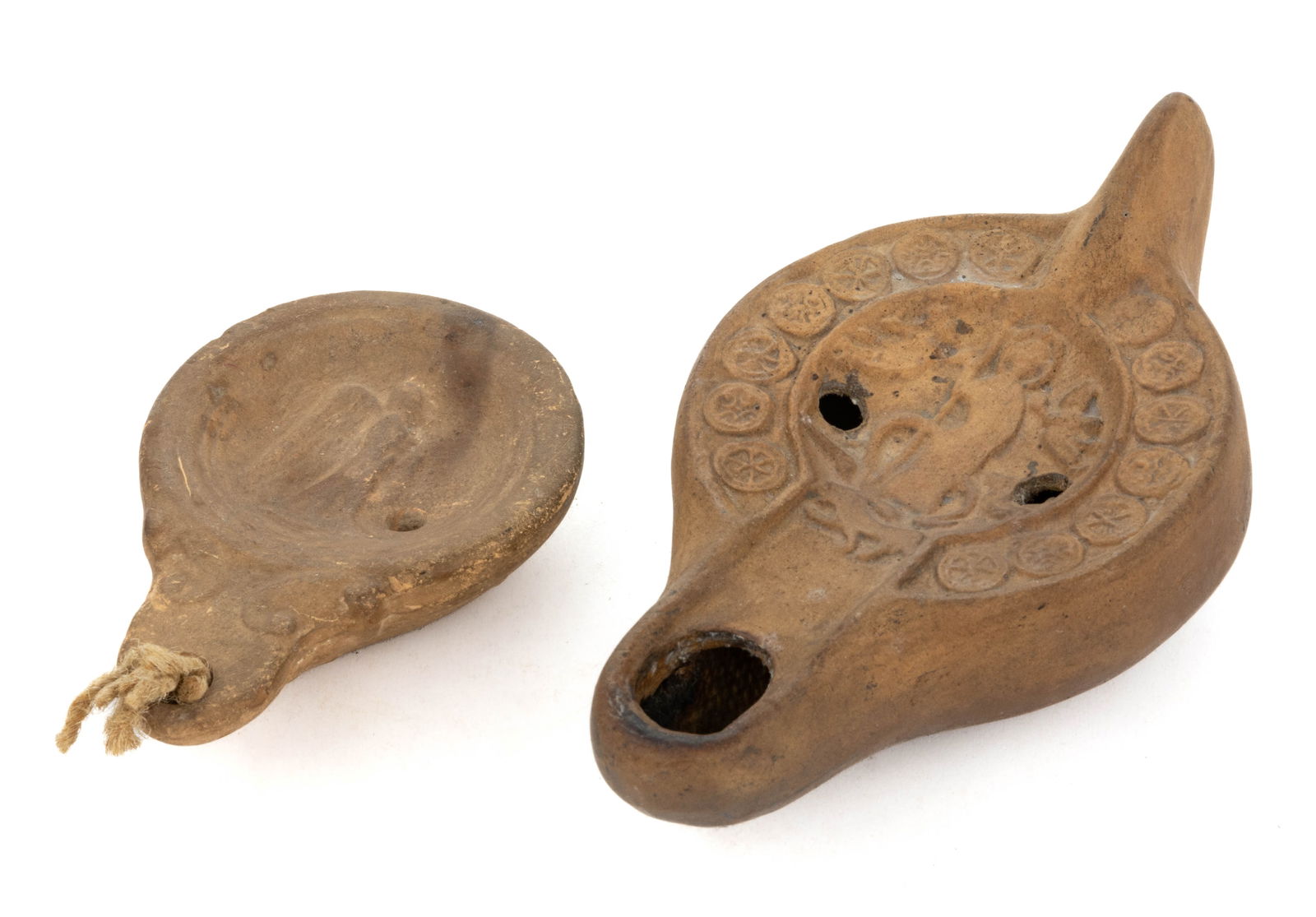 ASSORTED TERRA COTTA ANCIENT ROMAN / EGYPTIAN OIL LAMPS, LOT OF TWO (1 of 1)