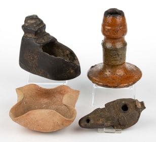 ASSORTED ANCIENT POTTERY AND STONE LIGHTING ARTICLES, LOT OF FOUR