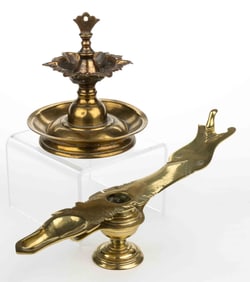 ASSORTED BRASS INDIA CEREMONIAL / RITUAL OIL LAMPS, LOT OF TWO