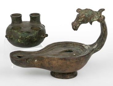 ASSORTED BRONZE OIL LAMPS, LOT OF TWO