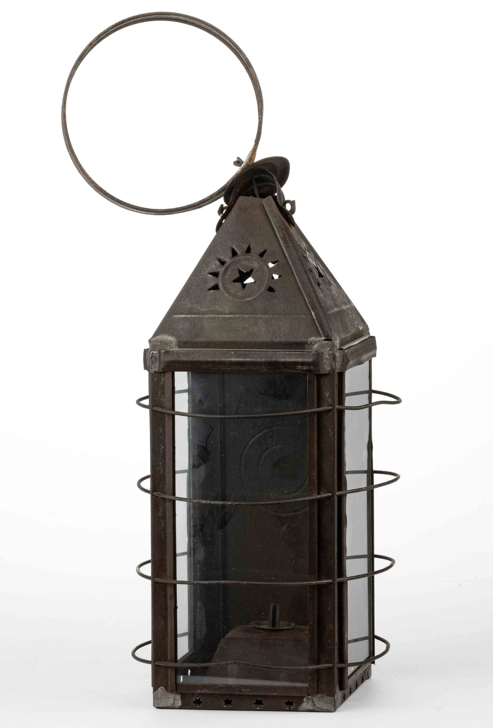 E. F. PARKER PUNCHED AND PIERCED SHEET-IRON / TIN WHALE-OIL LANTERN: E. F. PARKER PIERCED AND PUNCHED SHEET-IRON / TIN WHALE-OIL LANTERN, square-form with large strap handle, three sides with a colorless glass pane and four wire guards, four-sided conical-for